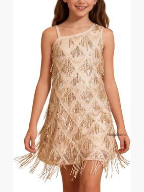 Girls One Shoulder Sequin Fringe Flapper Dress Side Zipper
